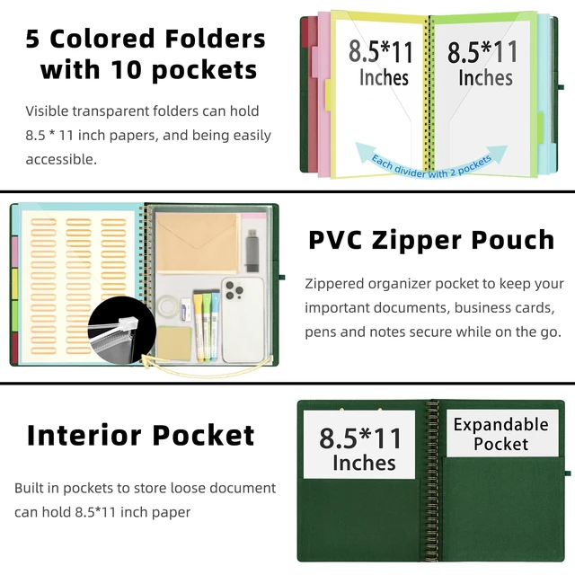 Alt view image 2 of 6 - Foldable Spiral Clipboard Folio with Storage Zipper Pouch, 5 Plastic Folders with 10 Pockets,Refillable Lined Notepad (11" x 8.5"), Hardcover Project Organizer with 39 Stickers (Dark Green)