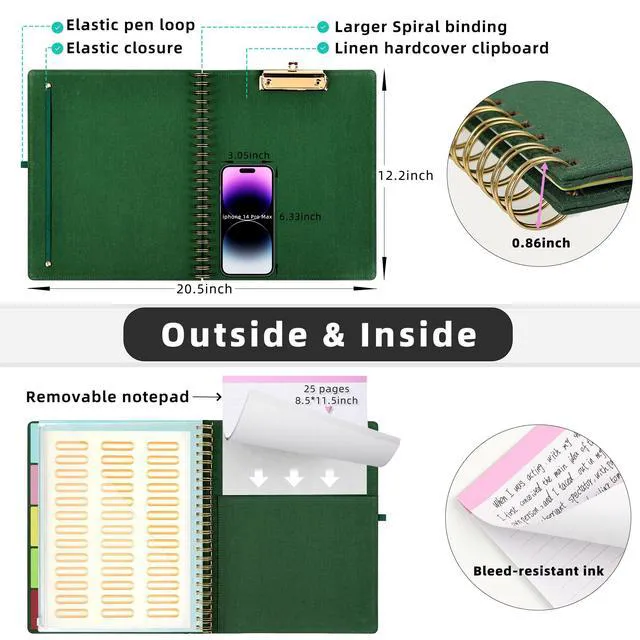 Alt view image 3 of 6 - Foldable Spiral Clipboard Folio with Storage Zipper Pouch, 5 Plastic Folders with 10 Pockets,Refillable Lined Notepad (11" x 8.5"), Hardcover Project Organizer with 39 Stickers (Dark Green)