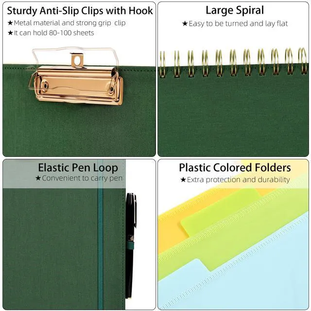 Alt view image 4 of 6 - Foldable Spiral Clipboard Folio with Storage Zipper Pouch, 5 Plastic Folders with 10 Pockets,Refillable Lined Notepad (11" x 8.5"), Hardcover Project Organizer with 39 Stickers (Dark Green)