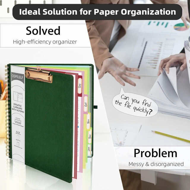 Alt view image 5 of 6 - Foldable Spiral Clipboard Folio with Storage Zipper Pouch, 5 Plastic Folders with 10 Pockets,Refillable Lined Notepad (11" x 8.5"), Hardcover Project Organizer with 39 Stickers (Dark Green)