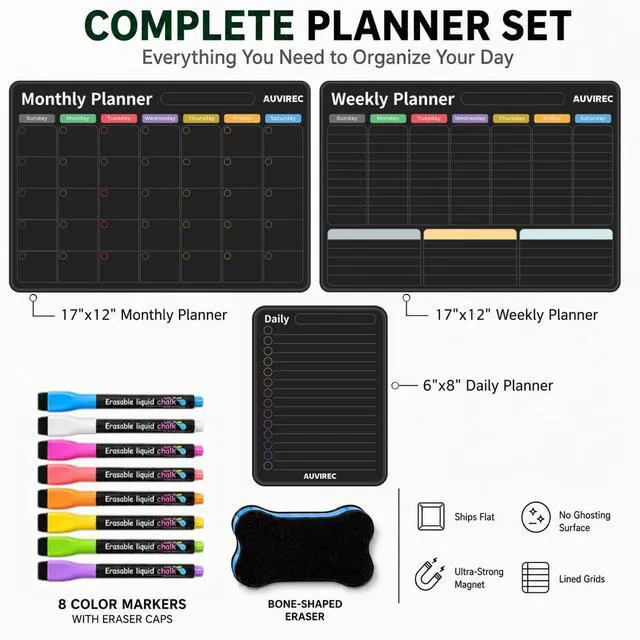 Alt view image 3 of 6 - Magnetic Calendar for Refrigerator, Black Fridge Calendar 3-Pack Dry Erase Calendar with Monthly Weekly Daily Planner, Nano-Tech Surface, 17"x12" Magnetic Board, 8 Neon Markers