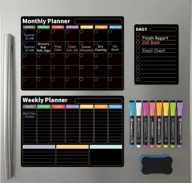 Alt view image 2 of 6 - Magnetic Calendar for Refrigerator, Black Fridge Calendar 3-Pack Dry Erase Calendar with Monthly Weekly Daily Planner, Nano-Tech Surface, 17"x12" Magnetic Board, 8 Neon Markers