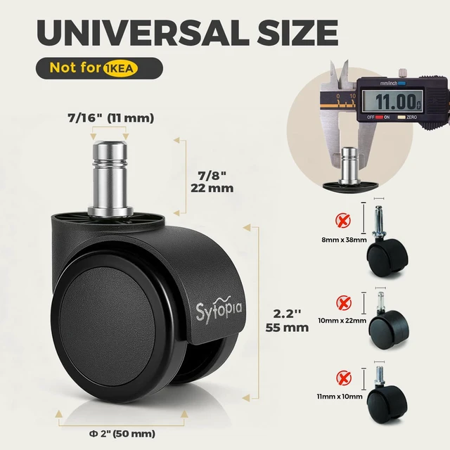 Alt view image 2 of 7 - Office Chair Wheels, Universal Standard Stem 7/16 inch x 7/8 inch, 2" Upgraded Quiet Caster Wheels Safe for All Floors Include Hardwood & Carpet, Not for 1KEA, Easy to Install, Set of 5