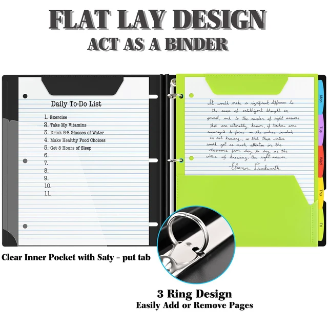 Alt view image 3 of 7 - All-in-one Telescoping Binder Notebook - 2 PCS- Refillable 3 Ring Notebook Binder with 1 Plastic Movable Pocket Folder,5 Plastic Subject dividers and Graph Paper and College Ruled Paper- Black