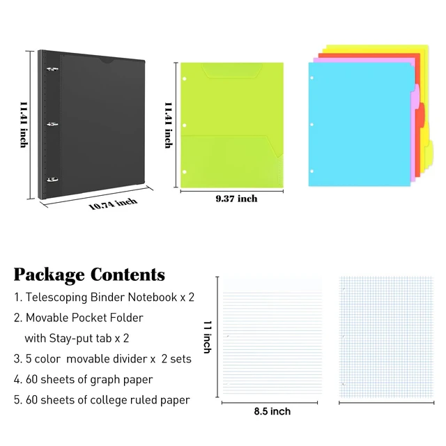 Alt view image 2 of 7 - All-in-one Telescoping Binder Notebook - 2 PCS- Refillable 3 Ring Notebook Binder with 1 Plastic Movable Pocket Folder,5 Plastic Subject dividers and Graph Paper and College Ruled Paper- Black