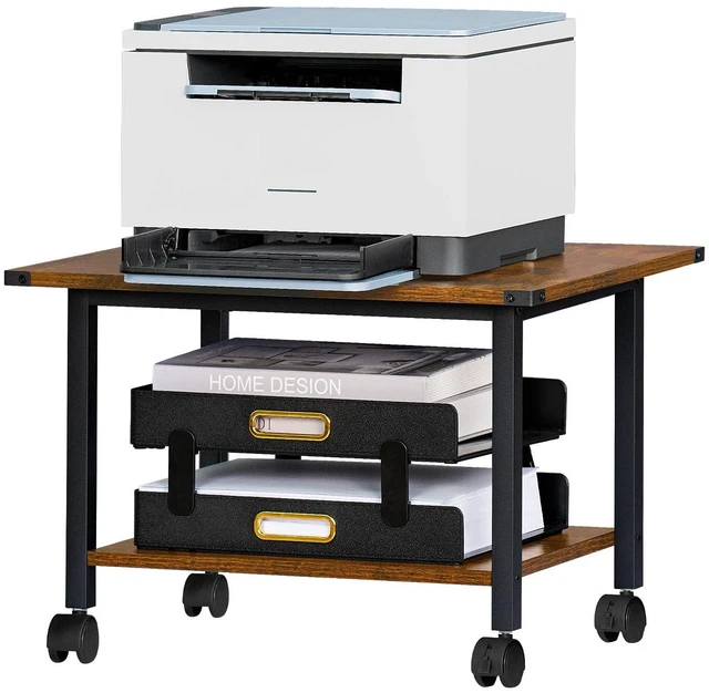Main image of Under Desk Printer Stand, 2-Tier Industrial Rolling Printer Table Rustic Brown Small Mobile Printer Cart Desk for Home Office, Lockable Wheels, Open Storage Shelf, Metal frame