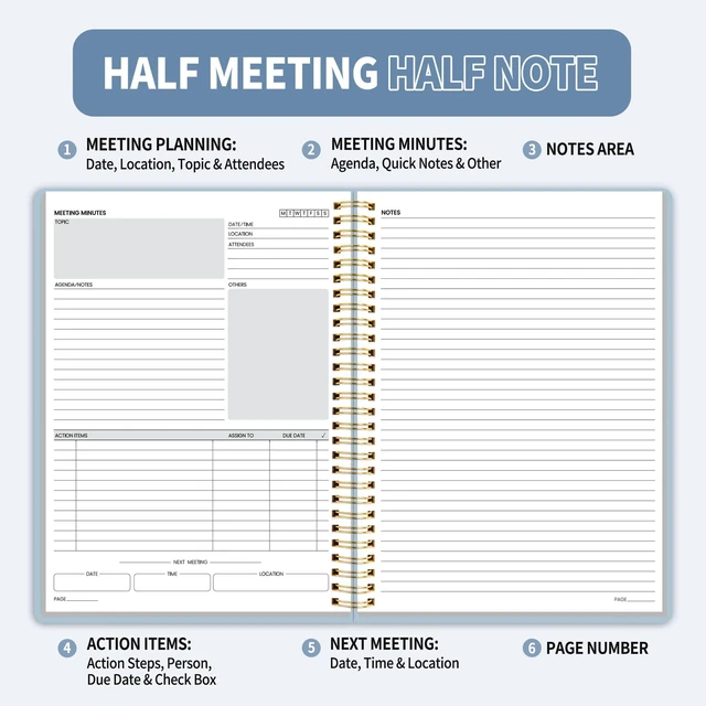 Alt view image 2 of 6 - Half Meeting Half Note - 7.5"x10" Professional Notebooks for Work - 160 Pages, B5 Size Project Planner, Spiral Meeting Agenda/Minutes Organizer for Women Men, Note Taking, Office & Business
