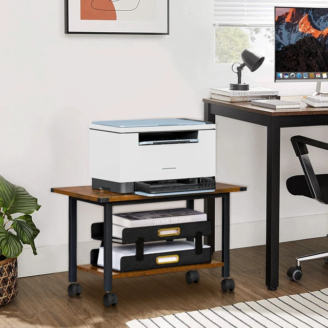 Alt view image 2 of 7 - Under Desk Printer Stand, 2-Tier Industrial Rolling Printer Table Rustic Brown Small Mobile Printer Cart Desk for Home Office, Lockable Wheels, Open Storage Shelf, Metal frame