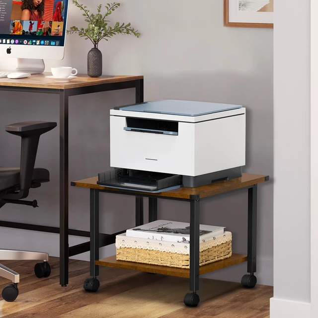 Alt view image 5 of 7 - Under Desk Printer Stand, 2-Tier Industrial Rolling Printer Table Rustic Brown Small Mobile Printer Cart Desk for Home Office, Lockable Wheels, Open Storage Shelf, Metal frame