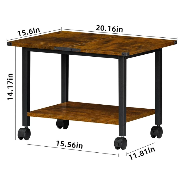 Alt view image 3 of 7 - Under Desk Printer Stand, 2-Tier Industrial Rolling Printer Table Rustic Brown Small Mobile Printer Cart Desk for Home Office, Lockable Wheels, Open Storage Shelf, Metal frame