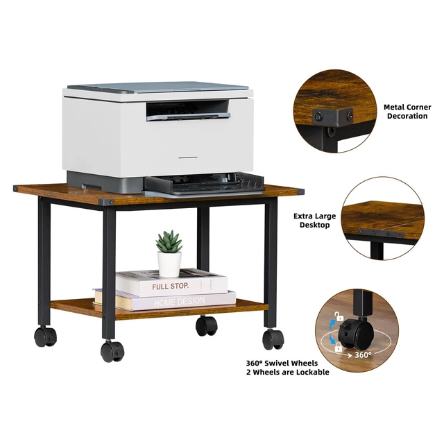 Alt view image 7 of 7 - Under Desk Printer Stand, 2-Tier Industrial Rolling Printer Table Rustic Brown Small Mobile Printer Cart Desk for Home Office, Lockable Wheels, Open Storage Shelf, Metal frame