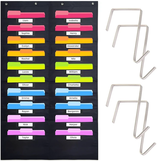 Main image of Heavy Duty Storage Pocket Chart for Classroom, 20 Pocket Storage Organizer with 4 Over-Door Hangers, Hanging Wall Organizer for File Folders, School Mailbox, Home Office Papers - Black