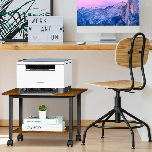 Alt view image 6 of 7 - Under Desk Printer Stand, 2-Tier Industrial Rolling Printer Table Rustic Brown Small Mobile Printer Cart Desk for Home Office, Lockable Wheels, Open Storage Shelf, Metal frame
