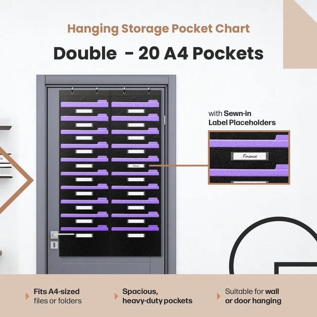 Alt view image 2 of 6 - Heavy Duty Storage Pocket Chart for Classroom, 20 Pocket Storage Organizer with 4 Over-Door Hangers, Hanging Wall Organizer for File Folders, School Mailbox, Home Office Papers - Black