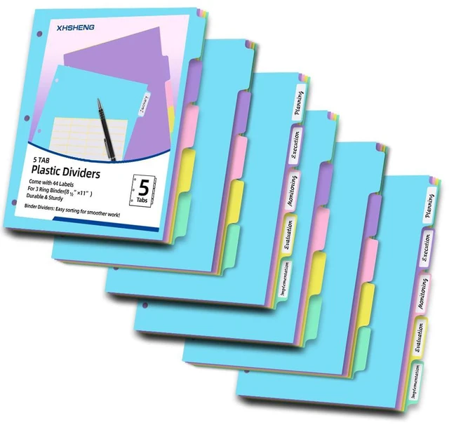 Main image of 5 Tab Binder Dividers with Tabs,for 3 Ring Binder,Plastic File Dividers, Pastel Color,Letter Size,6 Sets