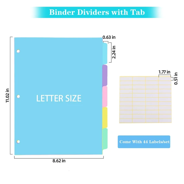 Alt view image 2 of 7 - 5 Tab Binder Dividers with Tabs,for 3 Ring Binder,Plastic File Dividers, Pastel Color,Letter Size,6 Sets