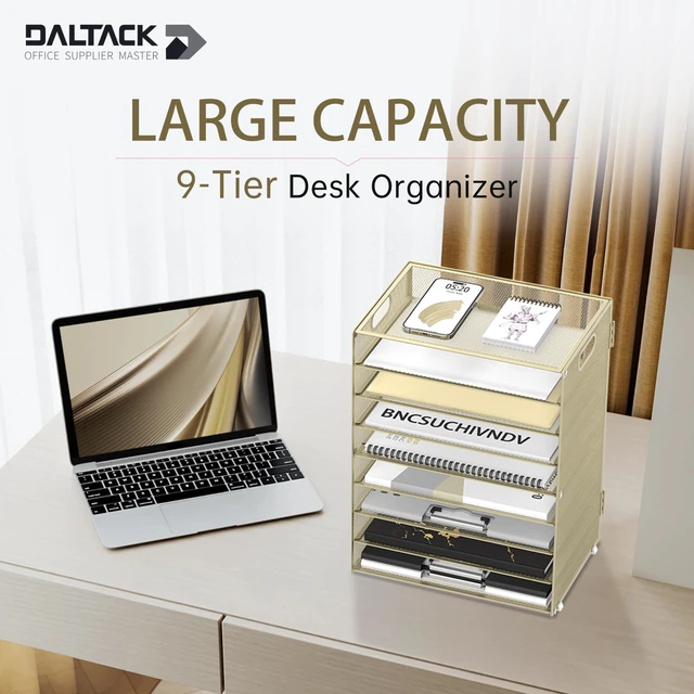 Alt view image 2 of 6 - 9-Tier Paper Organizer for Desk, Letter Tray with Handles, Golden Yellow Desk File Organizer with Removable Trays for Sorting Files, Folders, Mail and Printer Paper at Home, School or Office
