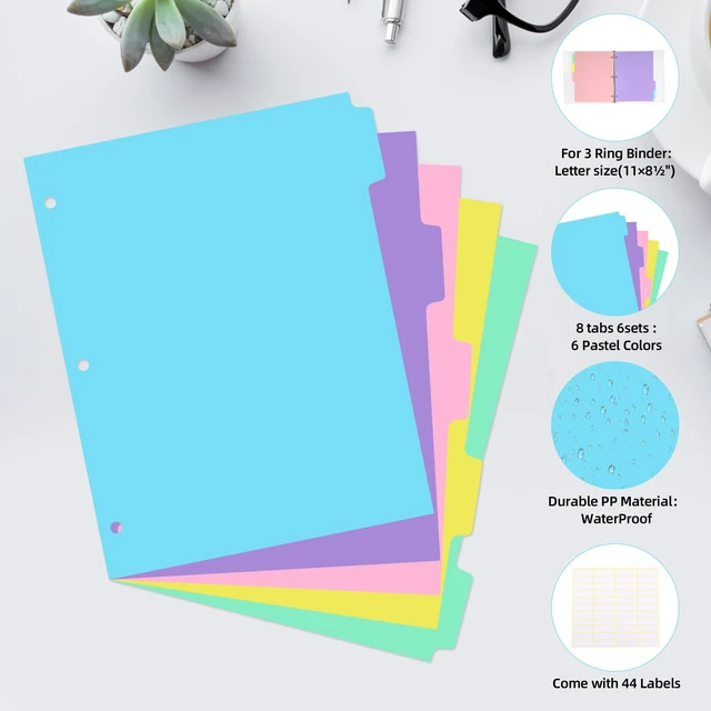 Alt view image 4 of 7 - 5 Tab Binder Dividers with Tabs,for 3 Ring Binder,Plastic File Dividers, Pastel Color,Letter Size,6 Sets