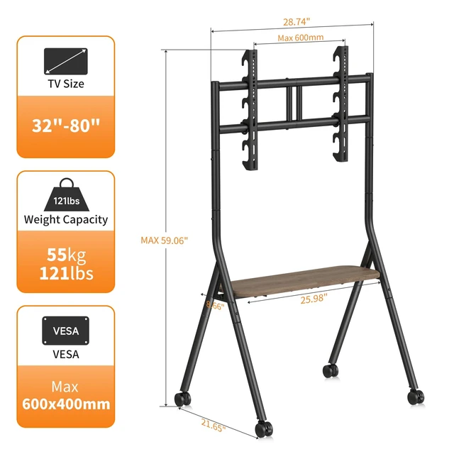 Alt view image 3 of 7 - Easel Rolling TV Stand for 32-80 Inch TV up to 121lbs, Mobile Portable TV Cart with Wheels Minimalist for Home Business Office Living Room School, Max 600x400mm VESA, Black ML5C