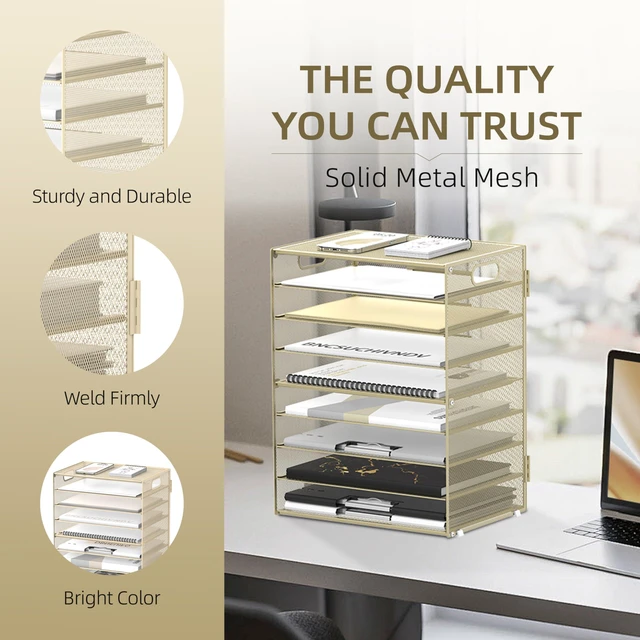 Alt view image 3 of 6 - 9-Tier Paper Organizer for Desk, Letter Tray with Handles, Golden Yellow Desk File Organizer with Removable Trays for Sorting Files, Folders, Mail and Printer Paper at Home, School or Office