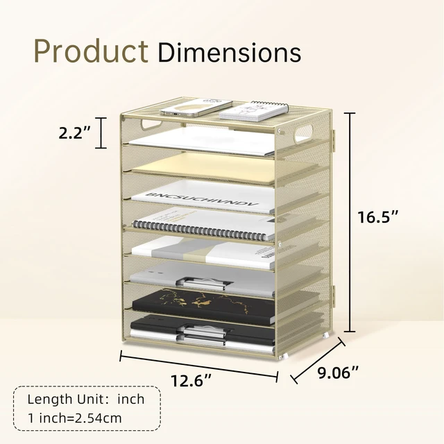 Alt view image 4 of 6 - 9-Tier Paper Organizer for Desk, Letter Tray with Handles, Golden Yellow Desk File Organizer with Removable Trays for Sorting Files, Folders, Mail and Printer Paper at Home, School or Office