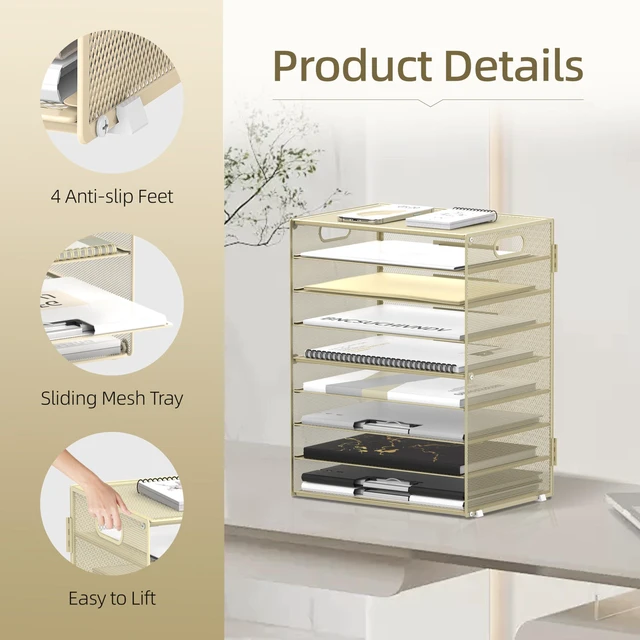 Alt view image 5 of 6 - 9-Tier Paper Organizer for Desk, Letter Tray with Handles, Golden Yellow Desk File Organizer with Removable Trays for Sorting Files, Folders, Mail and Printer Paper at Home, School or Office