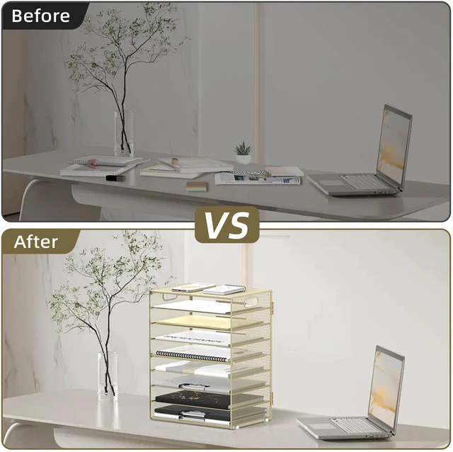 Alt view image 6 of 6 - 9-Tier Paper Organizer for Desk, Letter Tray with Handles, Golden Yellow Desk File Organizer with Removable Trays for Sorting Files, Folders, Mail and Printer Paper at Home, School or Office