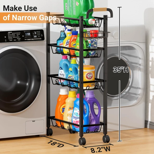 Alt view image 2 of 7 - 4 Tier Laundry Room Cart with Top Detergent Holder, Pure Black Metal Rolling Storage Cart, Fits between Washer and Dryer, Narrow Laundry Room Organization and Storage, with Wheels