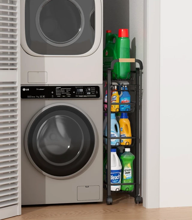Alt view image 5 of 7 - 4 Tier Laundry Room Cart with Top Detergent Holder, Pure Black Metal Rolling Storage Cart, Fits between Washer and Dryer, Narrow Laundry Room Organization and Storage, with Wheels