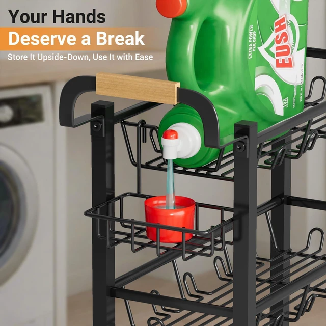 Alt view image 3 of 7 - 4 Tier Laundry Room Cart with Top Detergent Holder, Pure Black Metal Rolling Storage Cart, Fits between Washer and Dryer, Narrow Laundry Room Organization and Storage, with Wheels