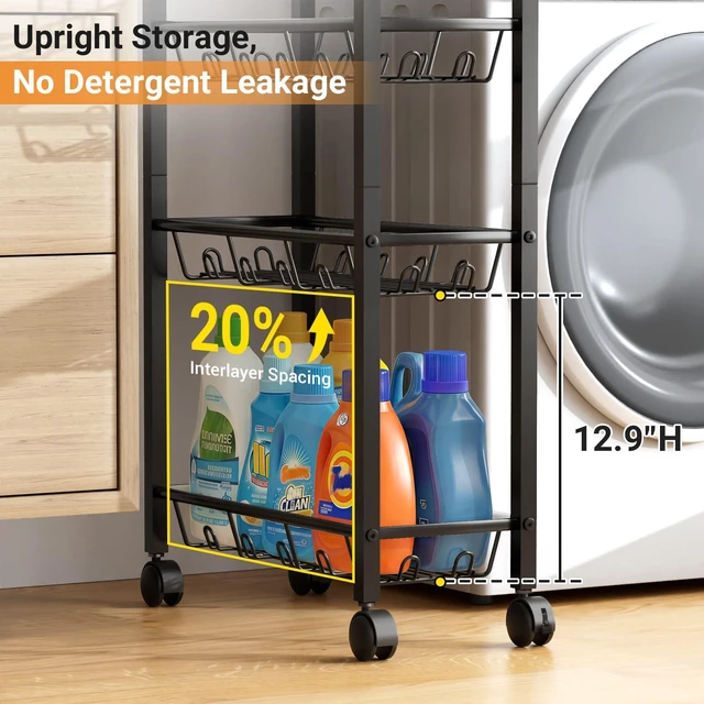 Alt view image 4 of 7 - 4 Tier Laundry Room Cart with Top Detergent Holder, Pure Black Metal Rolling Storage Cart, Fits between Washer and Dryer, Narrow Laundry Room Organization and Storage, with Wheels