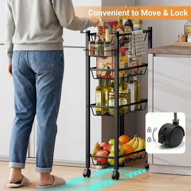 Alt view image 6 of 7 - 4 Tier Laundry Room Cart with Top Detergent Holder, Pure Black Metal Rolling Storage Cart, Fits between Washer and Dryer, Narrow Laundry Room Organization and Storage, with Wheels
