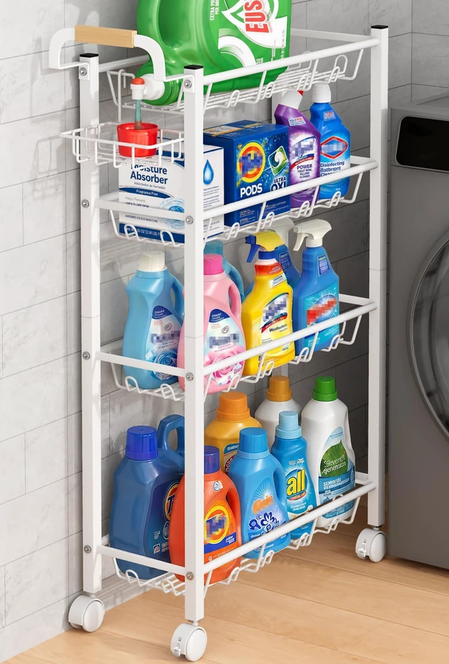 Main image of 4 Tier Laundry Room Cart with Top Detergent Holder, White Metal Rolling Storage Cart, Fits between Washer and Dryer, Narrow Laundry Room Organization and Storage, with Wheels