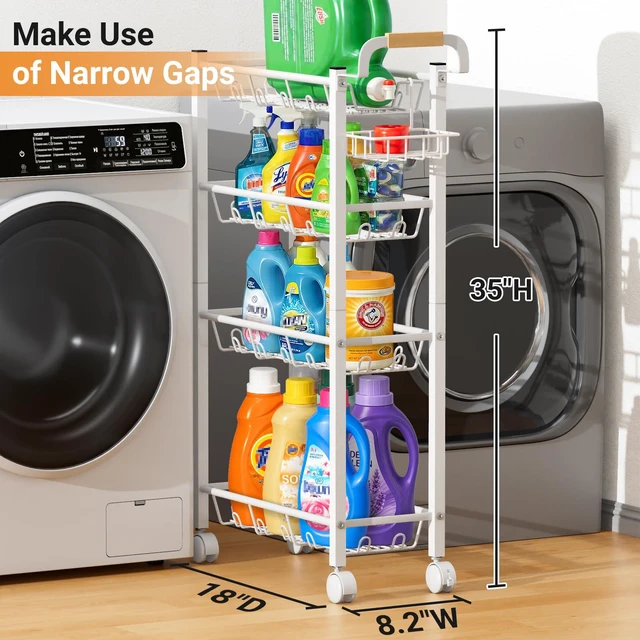 Alt view image 2 of 7 - 4 Tier Laundry Room Cart with Top Detergent Holder, White Metal Rolling Storage Cart, Fits between Washer and Dryer, Narrow Laundry Room Organization and Storage, with Wheels