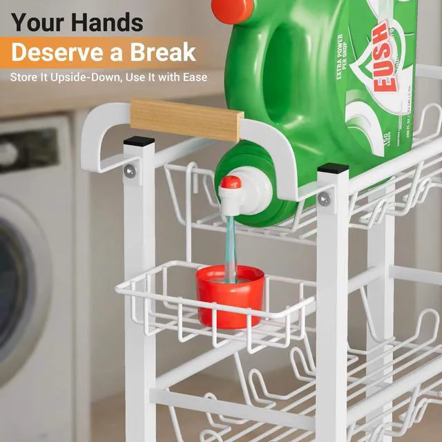 Alt view image 3 of 7 - 4 Tier Laundry Room Cart with Top Detergent Holder, White Metal Rolling Storage Cart, Fits between Washer and Dryer, Narrow Laundry Room Organization and Storage, with Wheels