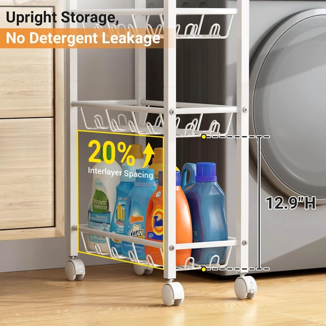 Alt view image 4 of 7 - 4 Tier Laundry Room Cart with Top Detergent Holder, White Metal Rolling Storage Cart, Fits between Washer and Dryer, Narrow Laundry Room Organization and Storage, with Wheels