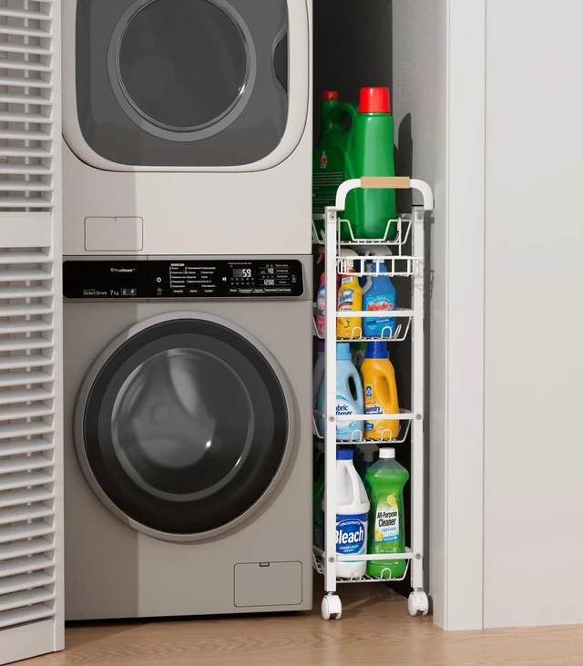 Alt view image 5 of 7 - 4 Tier Laundry Room Cart with Top Detergent Holder, White Metal Rolling Storage Cart, Fits between Washer and Dryer, Narrow Laundry Room Organization and Storage, with Wheels
