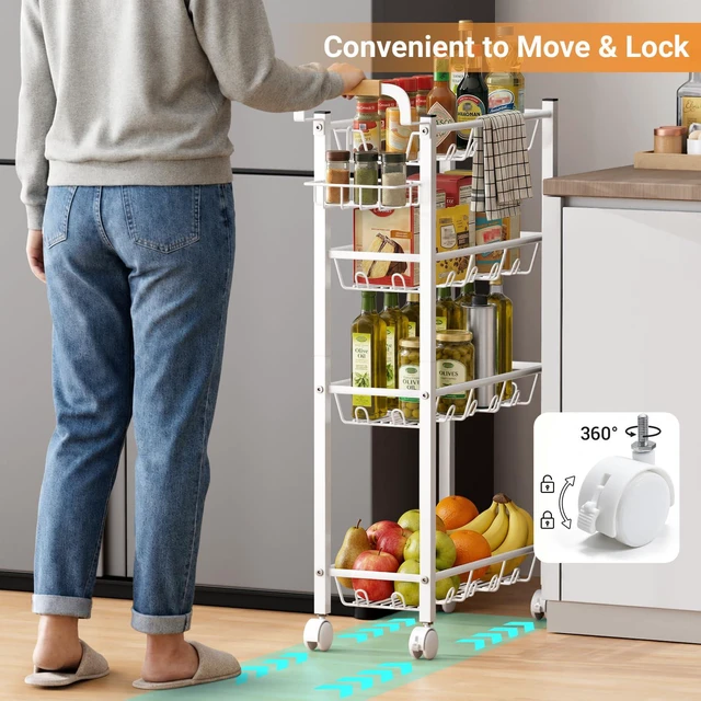 Alt view image 6 of 7 - 4 Tier Laundry Room Cart with Top Detergent Holder, White Metal Rolling Storage Cart, Fits between Washer and Dryer, Narrow Laundry Room Organization and Storage, with Wheels