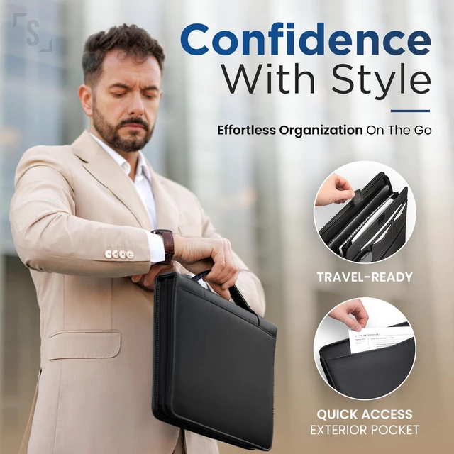 Alt view image 3 of 6 - Black Zipper Padfolio Portfolio Binder w/Carrying Handle | Organizer for Documents, iPad, Tablet, Notebook | Business Leather Binder for Men Women (No 3-Ring Binder)