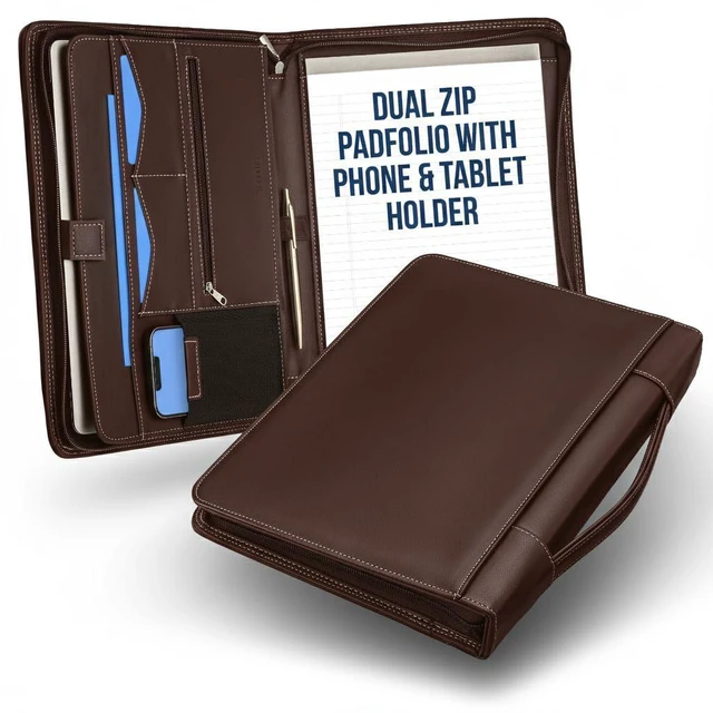 Main image of Walnut Zipper Padfolio Portfolio Binder w/Carrying Handle | Organizer for Documents, iPad, Tablet, Notebook | Business Leather Binder for Men Women (No 3-Ring Binder)