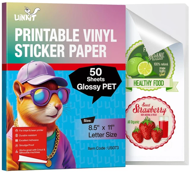 Main image of Glossy Printable Vinyl Sticker Paper Letter Size 8.5x11" 50 Sheets Tear-Resistant & Waterproof with Inkjet/Laser Printers & Cricut, for Small Business Labels, Crafts, Decals Sticker Making