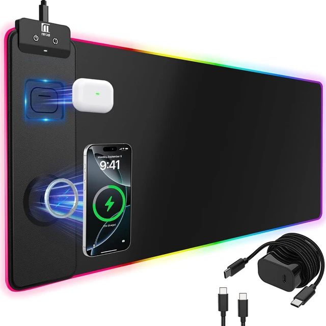 Main image of Mouse Pad with Magnetic Wireless Charging, Large Desk Pad Protector, RGB Black Desk Mat with 15W Fast Charger, Non-Slip Waterproof Mousepad for Office Home Gaming
