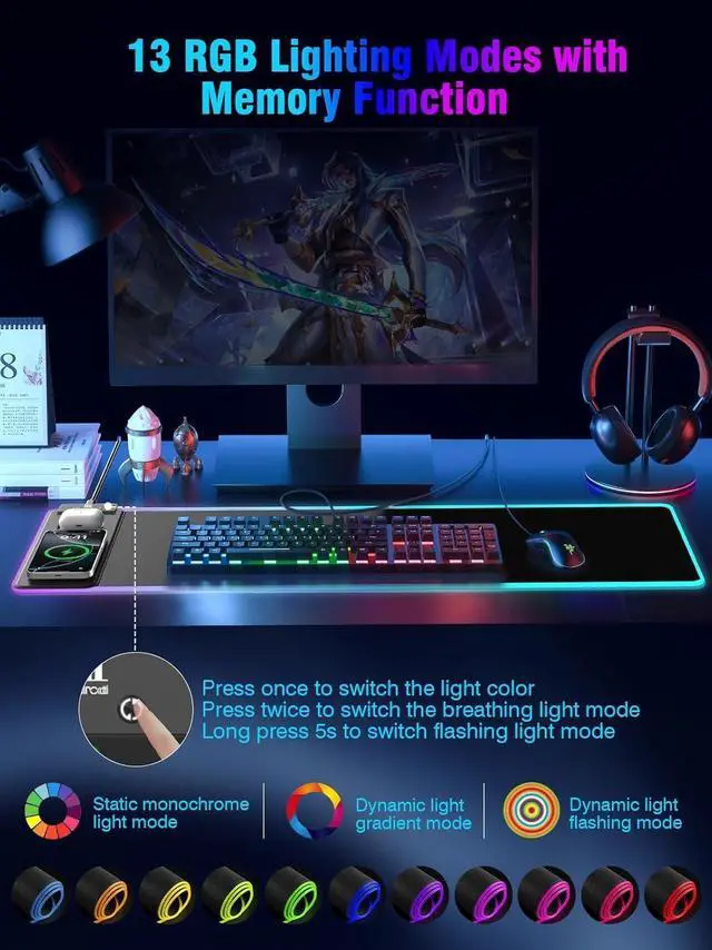 Alt view image 4 of 7 - Mouse Pad with Magnetic Wireless Charging, Large Desk Pad Protector, RGB Black Desk Mat with 15W Fast Charger, Non-Slip Waterproof Mousepad for Office Home Gaming