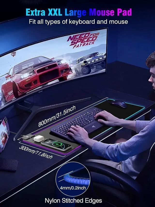 Alt view image 5 of 7 - Mouse Pad with Magnetic Wireless Charging, Large Desk Pad Protector, RGB Black Desk Mat with 15W Fast Charger, Non-Slip Waterproof Mousepad for Office Home Gaming