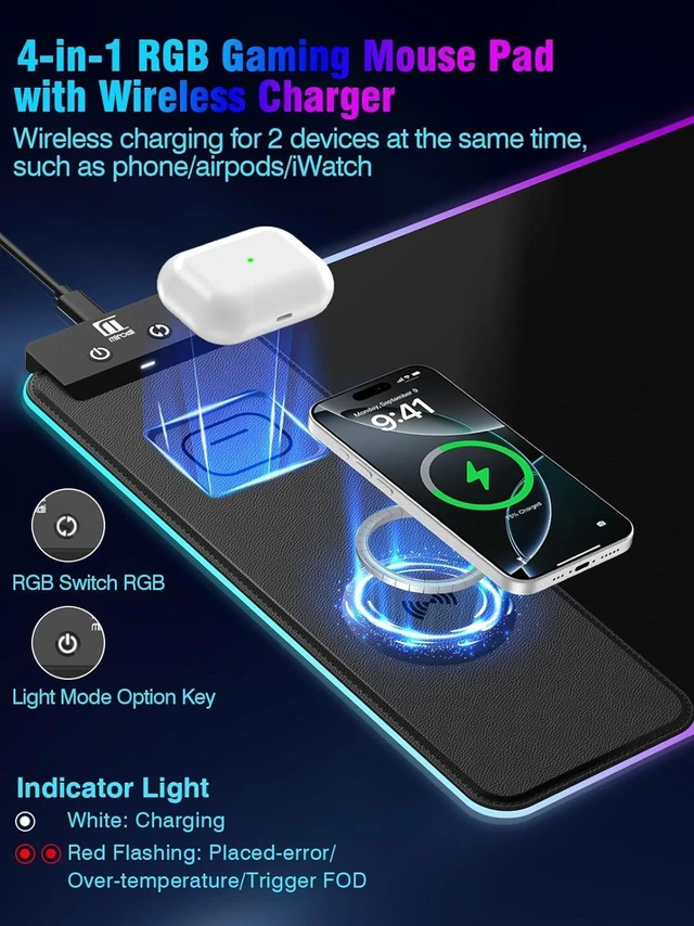 Alt view image 2 of 7 - Mouse Pad with Magnetic Wireless Charging, Large Desk Pad Protector, RGB Black Desk Mat with 15W Fast Charger, Non-Slip Waterproof Mousepad for Office Home Gaming