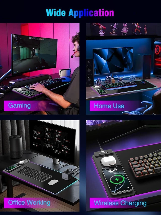 Alt view image 7 of 7 - Mouse Pad with Magnetic Wireless Charging, Large Desk Pad Protector, RGB Black Desk Mat with 15W Fast Charger, Non-Slip Waterproof Mousepad for Office Home Gaming