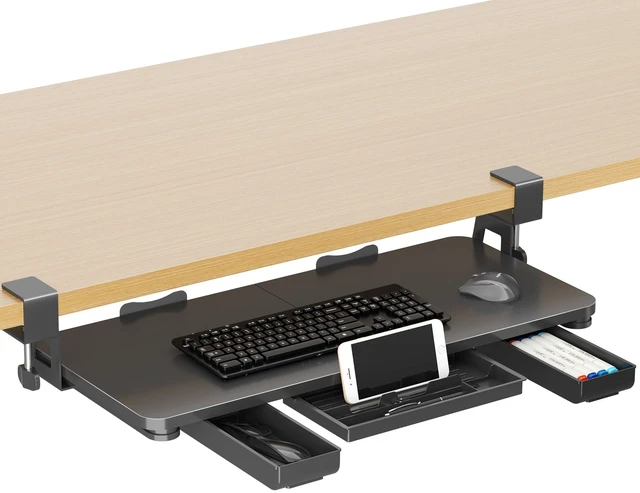 Main image of Keyboard Tray Under Desk with Storage Drawer Large C-Clamp 26.7(31 Including Clamps) x 11.8 Slide-Out Platform Computer Drawer Pull Out Keyboard & Mouse Tray DSF7CT