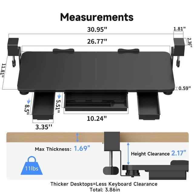 Alt view image 2 of 7 - Keyboard Tray Under Desk with Storage Drawer Large C-Clamp 26.7(31 Including Clamps) x 11.8 Slide-Out Platform Computer Drawer Pull Out Keyboard & Mouse Tray DSF7CT