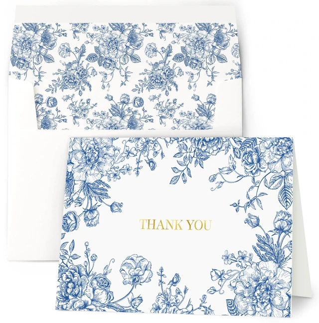 Main image of Thank You Cards with Envelopes, Gold Foil Blue Floral 50 Pack 4x6 Greeting Notes with Matching Adhesive Envelopes - Perfect for Wedding, Bridal & Baby Showers, All Occasion