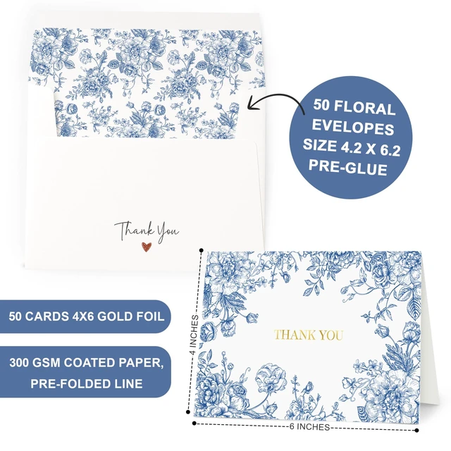 Alt view image 3 of 6 - Thank You Cards with Envelopes, Gold Foil Blue Floral 50 Pack 4x6 Greeting Notes with Matching Adhesive Envelopes - Perfect for Wedding, Bridal & Baby Showers, All Occasion
